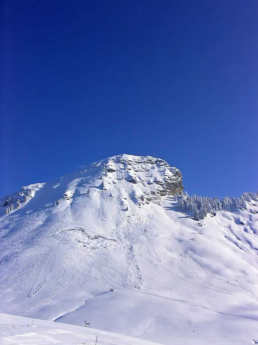 Relief rocheux et versants boisés enneigés à Morzine.