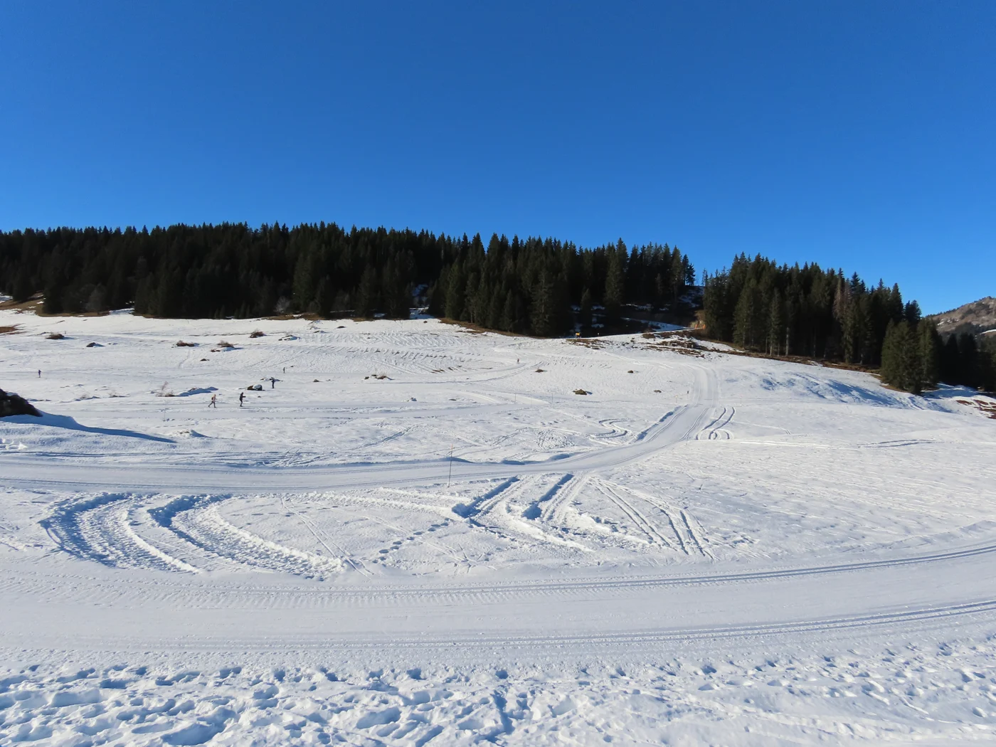 Traces de ski de fond sur le plateau enneigé des Confins, à La Clusaz.
