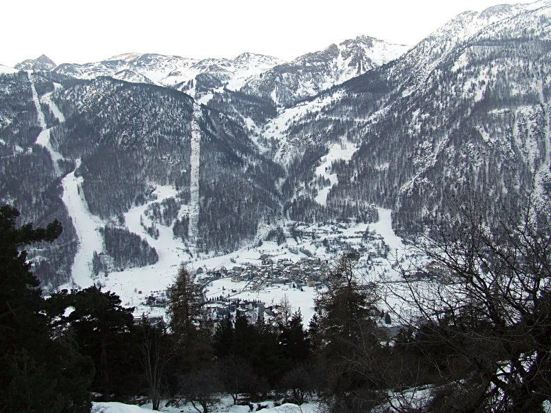 Vue sur Villeneuve et la vallée enneigée depuis un versant boisé.